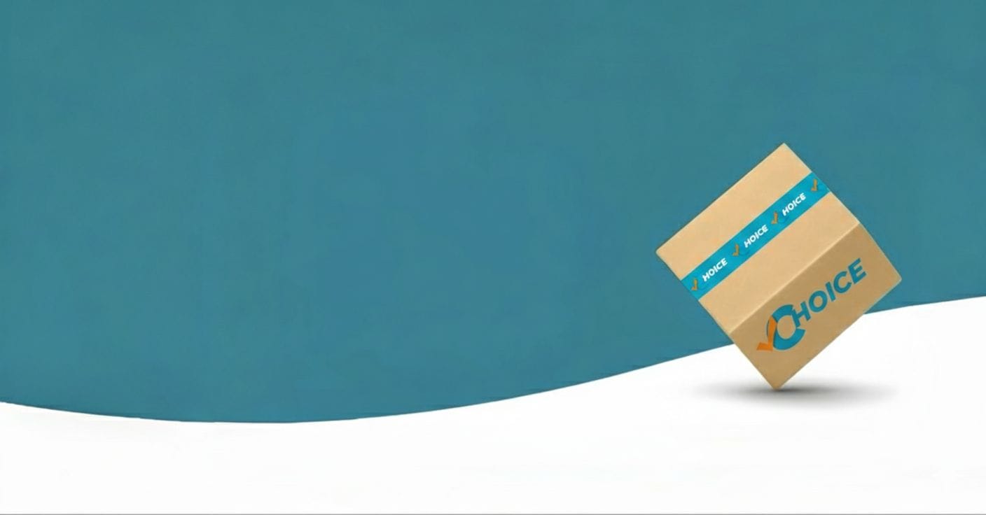 VOTE CHOICE branding box tilted on white surface with blue background, promoting election and political campaign materials.